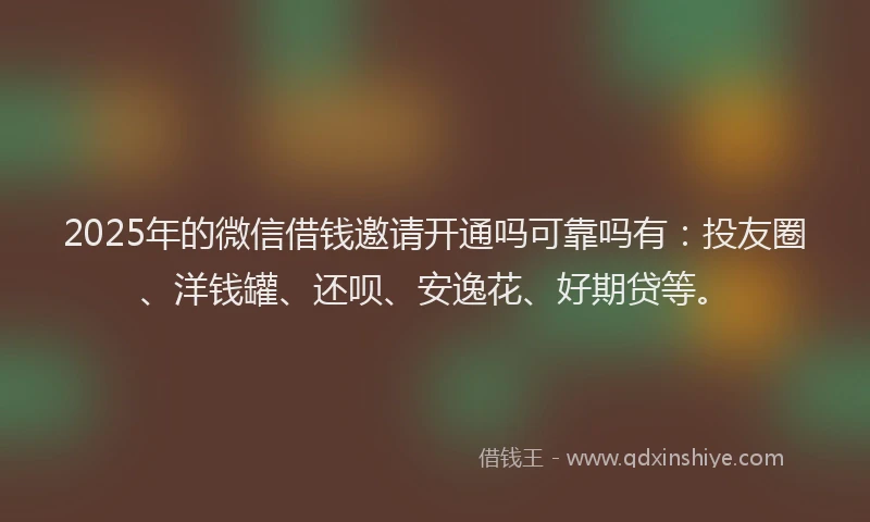 2025年的微信借钱邀请开通吗可靠吗有：投友圈、洋钱罐、还呗、安逸花、好期贷等。