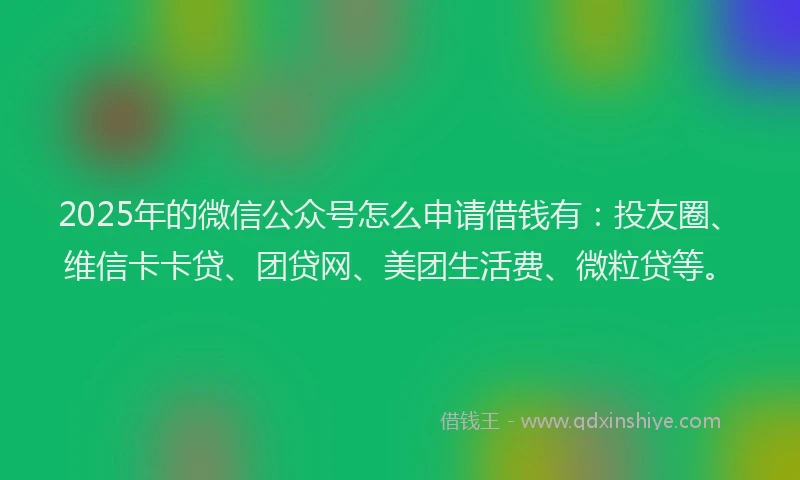 2025年的微信公众号怎么申请借钱有：投友圈、维信卡卡贷、团贷网、美团生活费、微粒贷等。