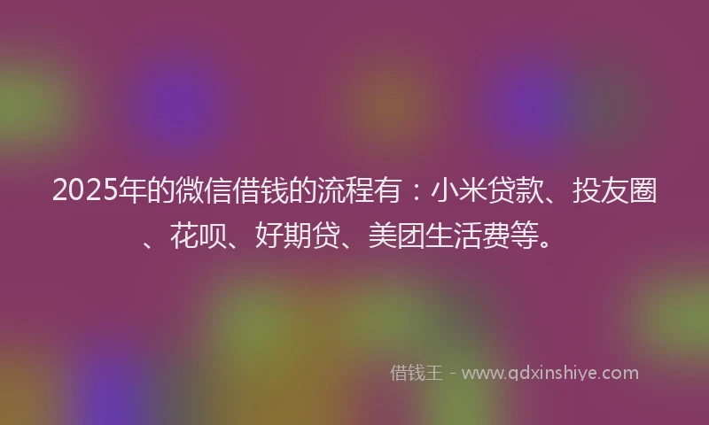 2025年的微信借钱的流程有：小米贷款、投友圈、花呗、好期贷、美团生活费等。