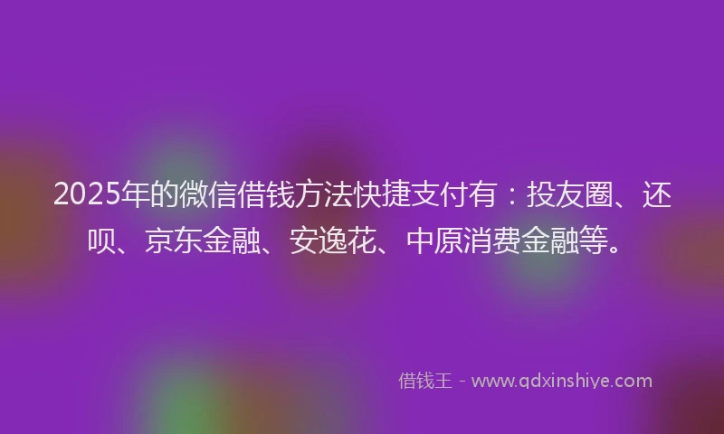 2025年的微信借钱方法快捷支付有：投友圈、还呗、京东金融、安逸花、中原消费金融等。