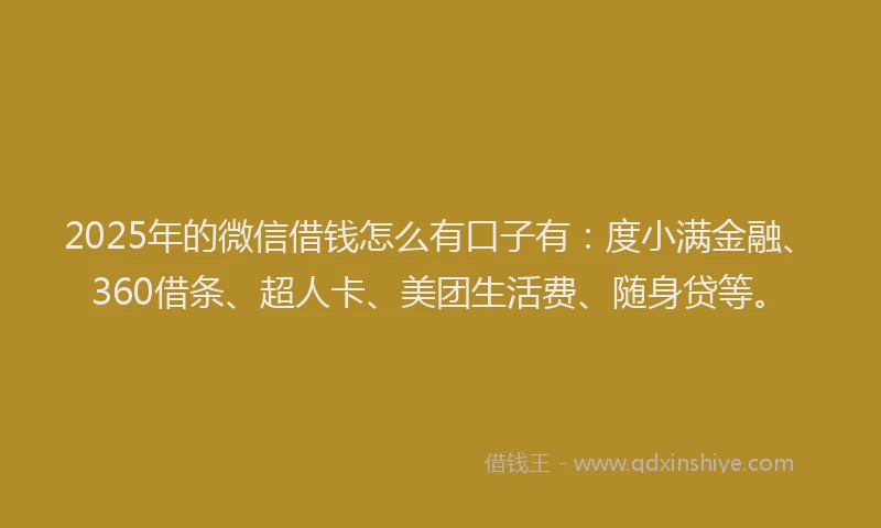 2025年的微信借钱怎么有口子有：度小满金融、360借条、超人卡、美团生活费、随身贷等。