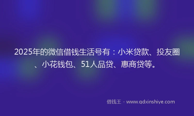 2025年的微信借钱生活号有：小米贷款、投友圈、小花钱包、51人品贷、惠商贷等。