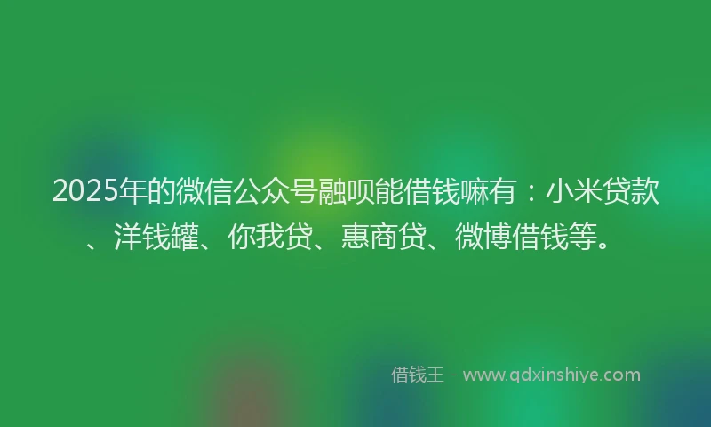 2025年的微信公众号融呗能借钱嘛有：小米贷款、洋钱罐、你我贷、惠商贷、微博借钱等。