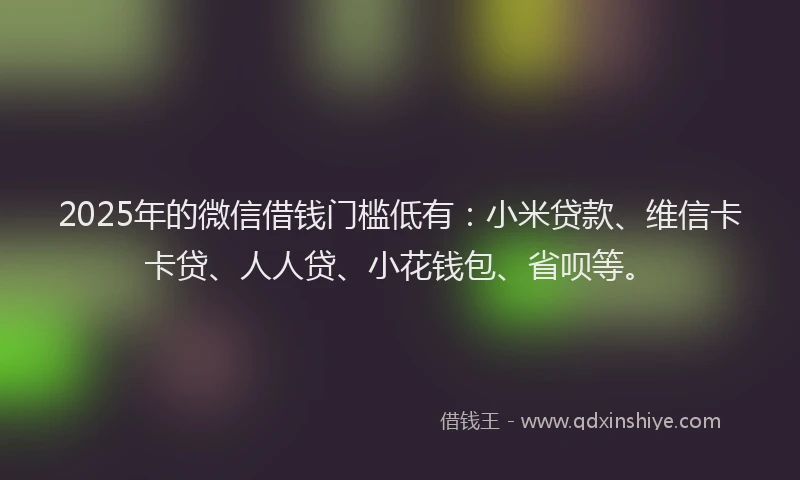 2025年的微信借钱门槛低有：小米贷款、维信卡卡贷、人人贷、小花钱包、省呗等。