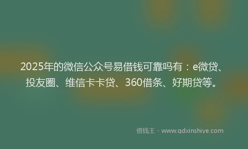 2025年的微信公众号易借钱可靠吗有：e微贷、投友圈、维信卡卡贷、360借条、好期贷等。