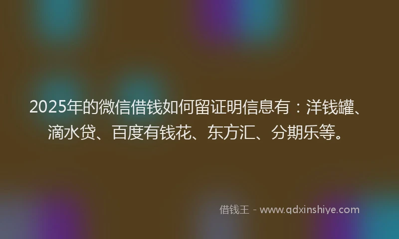 2025年的微信借钱如何留证明信息有：洋钱罐、滴水贷、百度有钱花、东方汇、分期乐等。