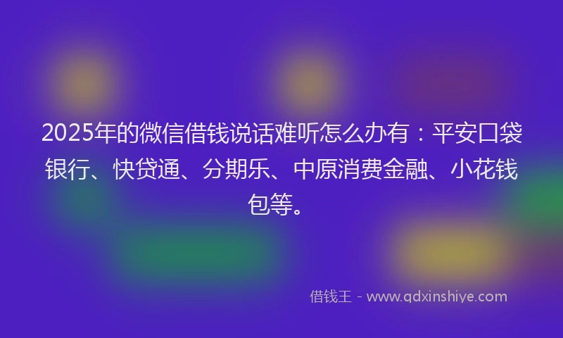 2025年的微信借钱说话难听怎么办有：平安口袋银行、快贷通、分期乐、中原消费金融、小花钱包等。