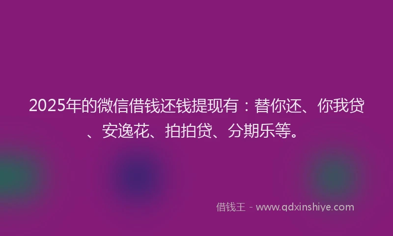 2025年的微信借钱还钱提现有：替你还、你我贷、安逸花、拍拍贷、分期乐等。