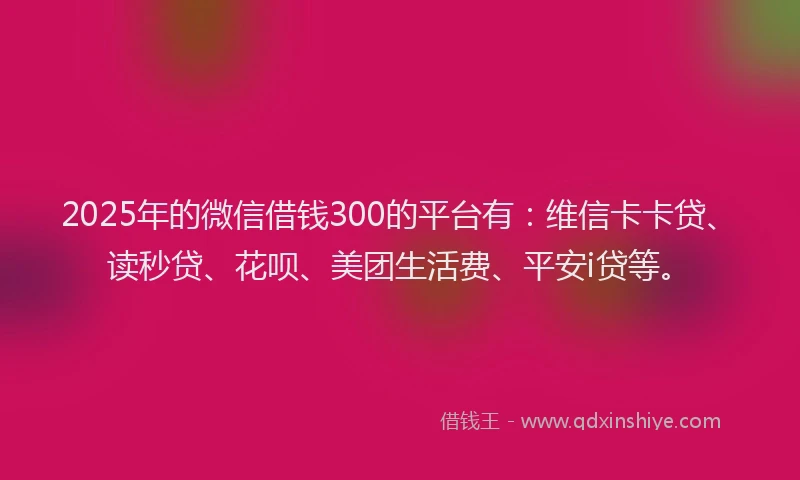 2025年的微信借钱300的平台有：维信卡卡贷、读秒贷、花呗、美团生活费、平安i贷等。