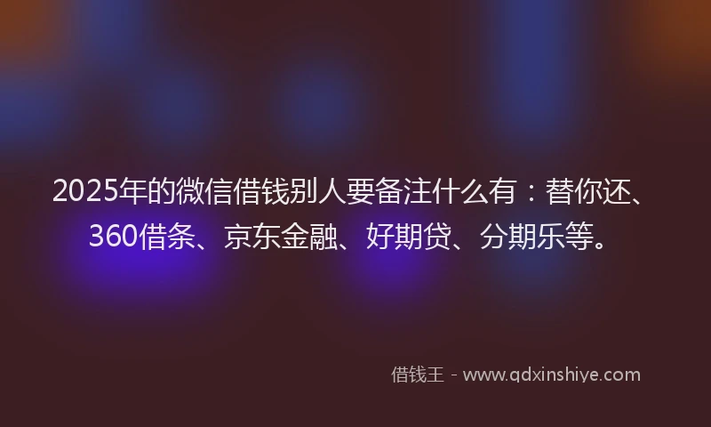 2025年的微信借钱别人要备注什么有：替你还、360借条、京东金融、好期贷、分期乐等。