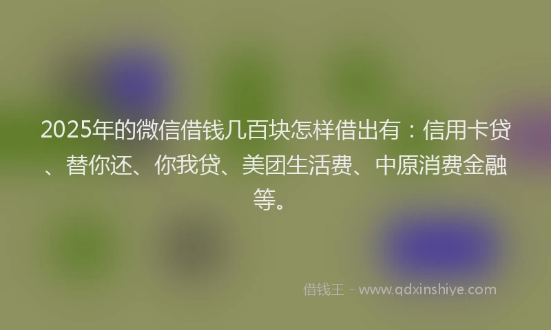 2025年的微信借钱几百块怎样借出有：信用卡贷、替你还、你我贷、美团生活费、中原消费金融等。