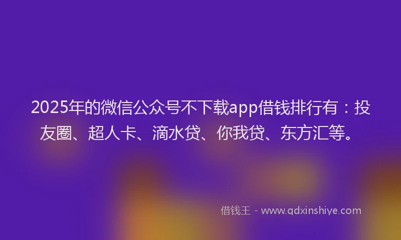 2025年的微信公众号不下载app借钱排行有：投友圈、超人卡、滴水贷、你我贷、东方汇等。