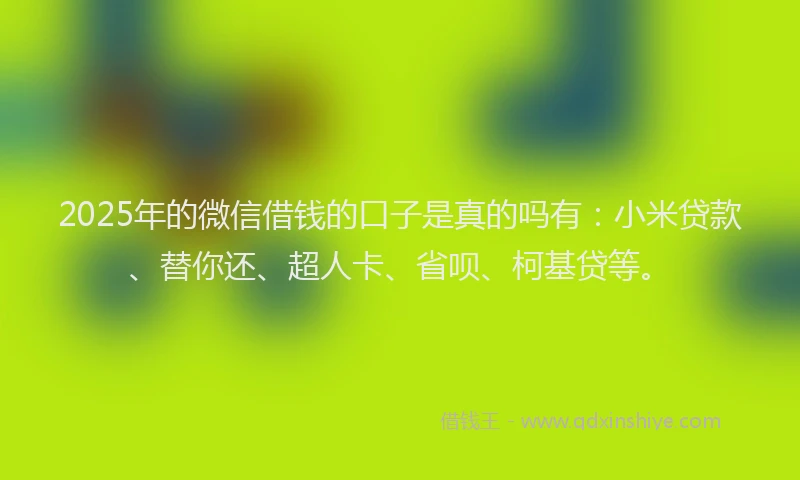 2025年的微信借钱的口子是真的吗有：小米贷款、替你还、超人卡、省呗、柯基贷等。