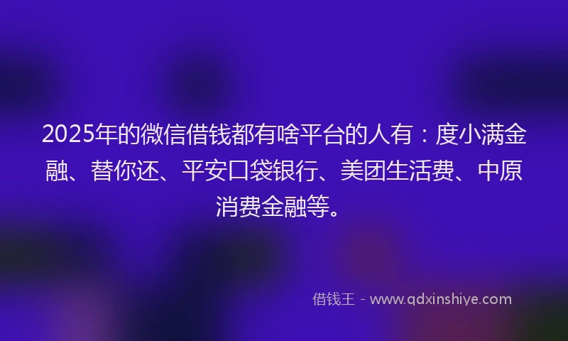 2025年的微信借钱都有啥平台的人有：度小满金融、替你还、平安口袋银行、美团生活费、中原消费金融等。