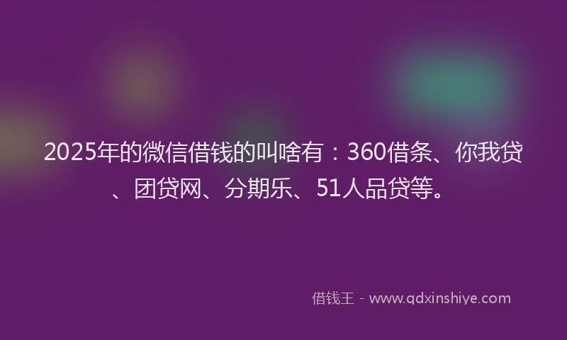 2025年的微信借钱的叫啥有：360借条、你我贷、团贷网、分期乐、51人品贷等。