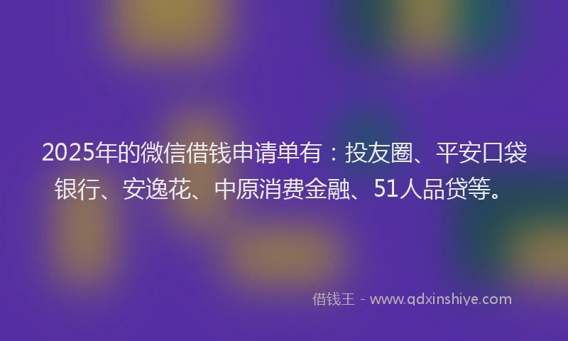 2025年的微信借钱申请单有：投友圈、平安口袋银行、安逸花、中原消费金融、51人品贷等。