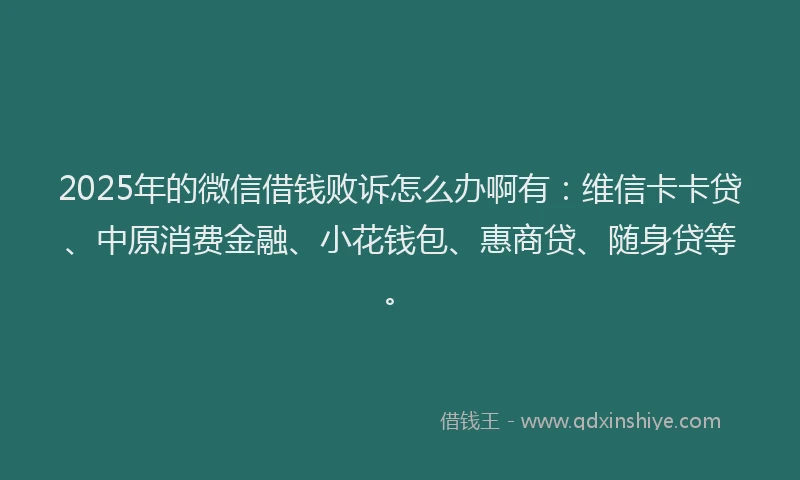2025年的微信借钱败诉怎么办啊有：维信卡卡贷、中原消费金融、小花钱包、惠商贷、随身贷等。