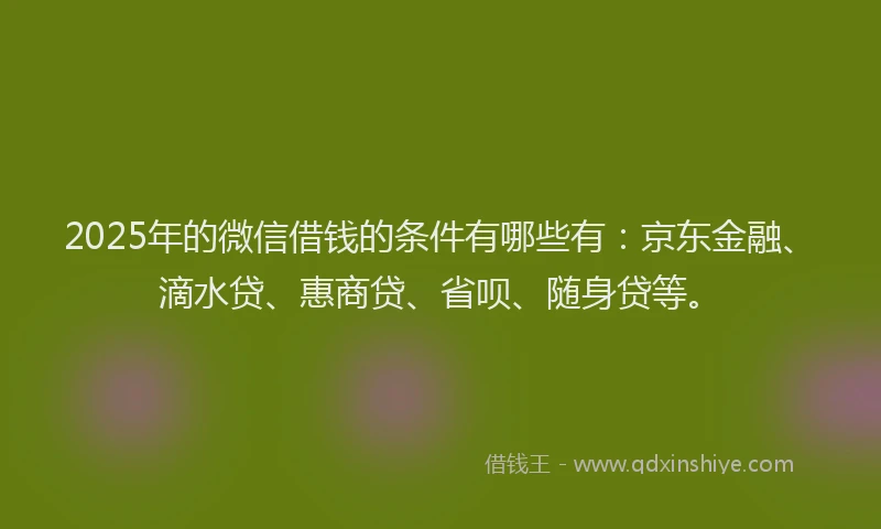 2025年的微信借钱的条件有哪些有：京东金融、滴水贷、惠商贷、省呗、随身贷等。