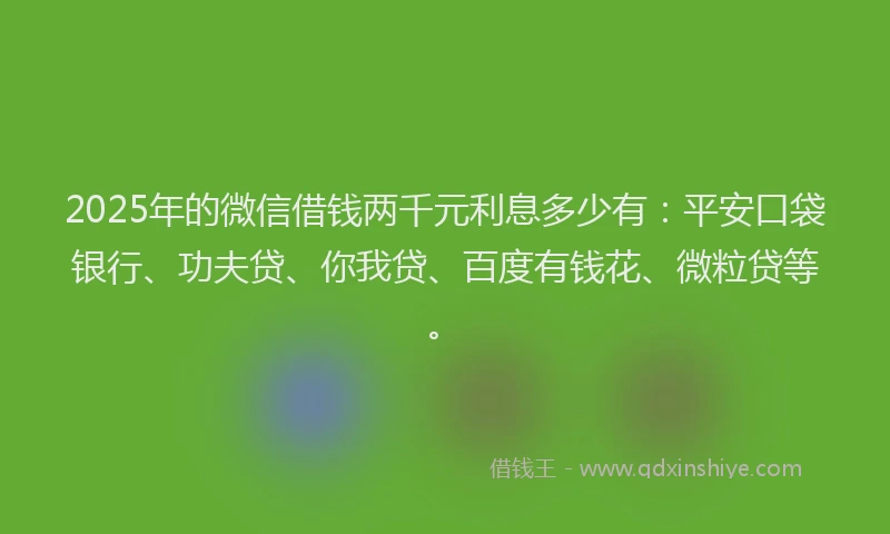 2025年的微信借钱两千元利息多少有：平安口袋银行、功夫贷、你我贷、百度有钱花、微粒贷等。