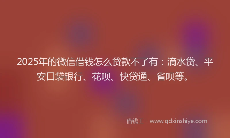 2025年的微信借钱怎么贷款不了有：滴水贷、平安口袋银行、花呗、快贷通、省呗等。
