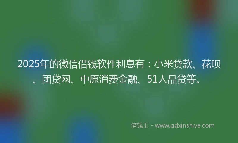 2025年的微信借钱软件利息有：小米贷款、花呗、团贷网、中原消费金融、51人品贷等。