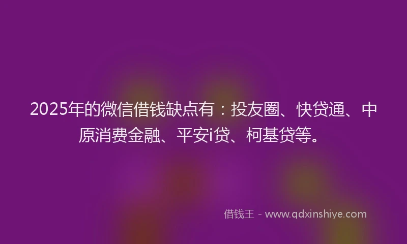 2025年的微信借钱缺点有：投友圈、快贷通、中原消费金融、平安i贷、柯基贷等。
