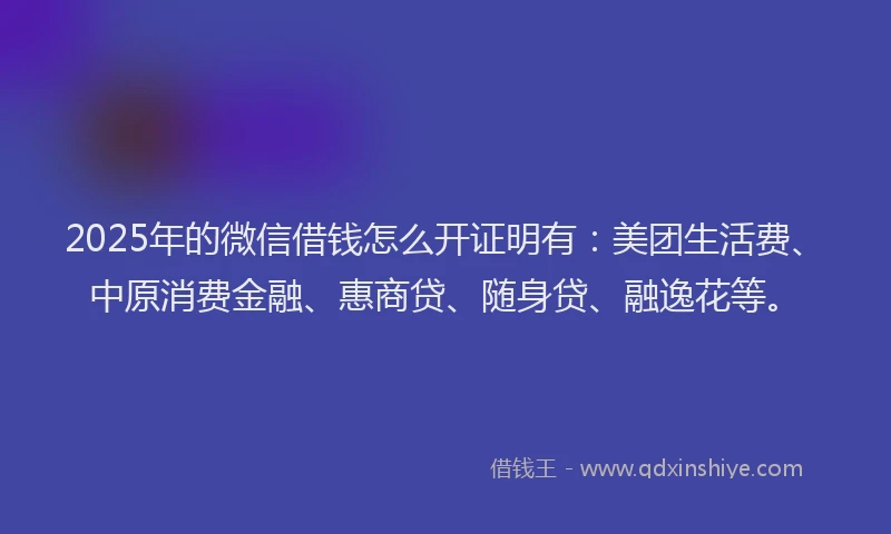 2025年的微信借钱怎么开证明有：美团生活费、中原消费金融、惠商贷、随身贷、融逸花等。
