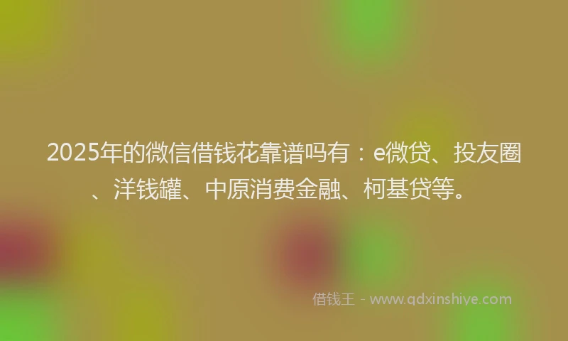 2025年的微信借钱花靠谱吗有：e微贷、投友圈、洋钱罐、中原消费金融、柯基贷等。
