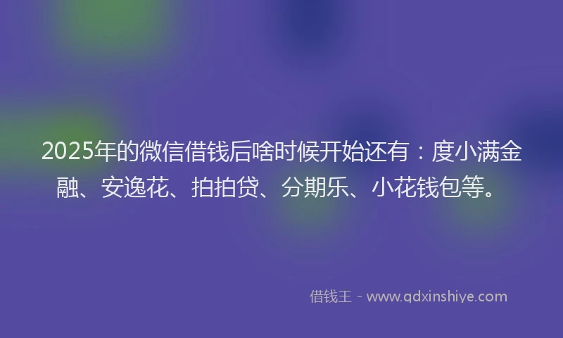 2025年的微信借钱后啥时候开始还有：度小满金融、安逸花、拍拍贷、分期乐、小花钱包等。