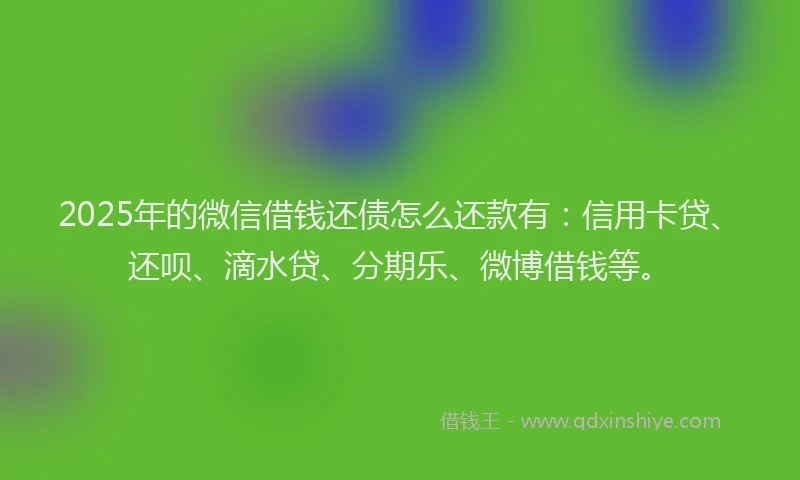 2025年的微信借钱还债怎么还款有：信用卡贷、还呗、滴水贷、分期乐、微博借钱等。