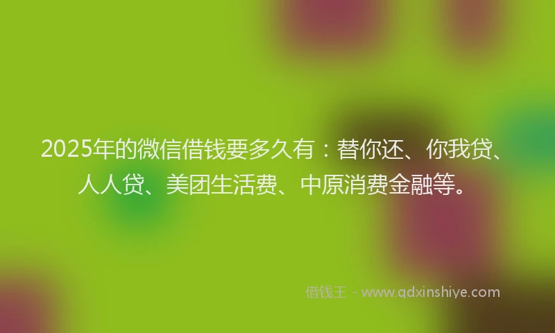 2025年的微信借钱要多久有：替你还、你我贷、人人贷、美团生活费、中原消费金融等。