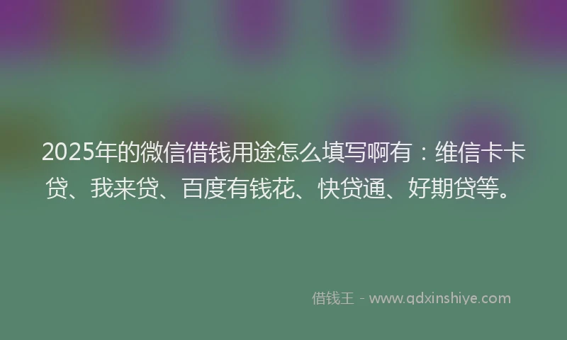 2025年的微信借钱用途怎么填写啊有：维信卡卡贷、我来贷、百度有钱花、快贷通、好期贷等。