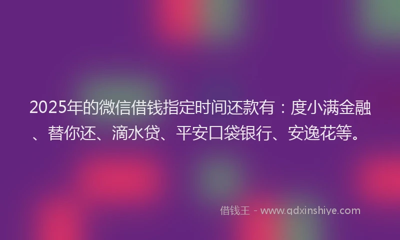 2025年的微信借钱指定时间还款有：度小满金融、替你还、滴水贷、平安口袋银行、安逸花等。