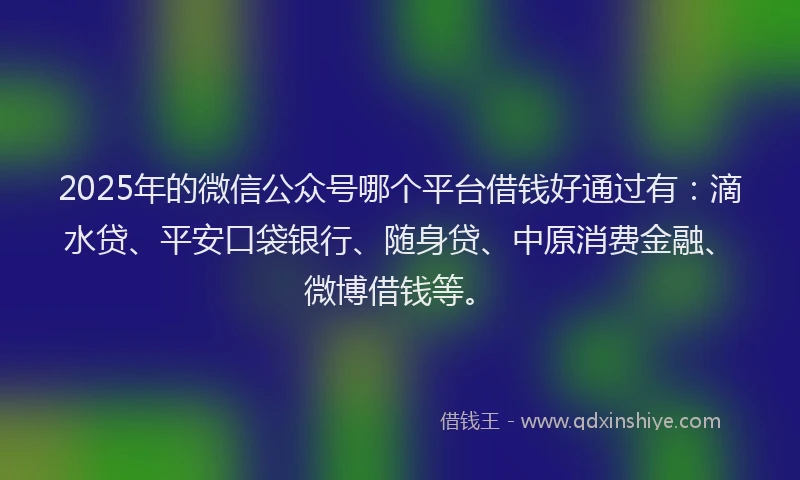 2025年的微信公众号哪个平台借钱好通过有：滴水贷、平安口袋银行、随身贷、中原消费金融、微博借钱等。