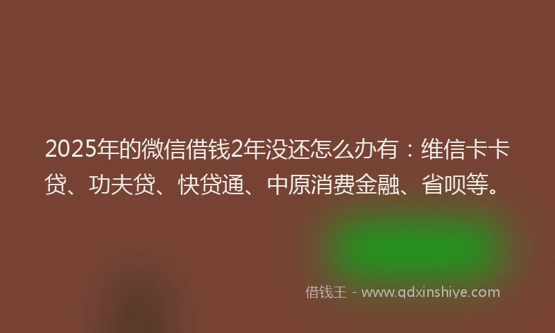 2025年的微信借钱2年没还怎么办有：维信卡卡贷、功夫贷、快贷通、中原消费金融、省呗等。