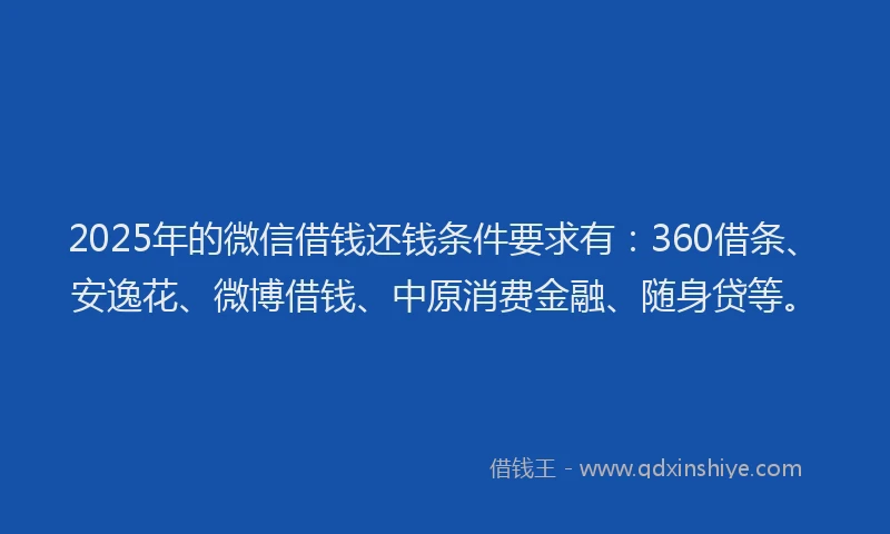 2025年的微信借钱还钱条件要求有：360借条、安逸花、微博借钱、中原消费金融、随身贷等。