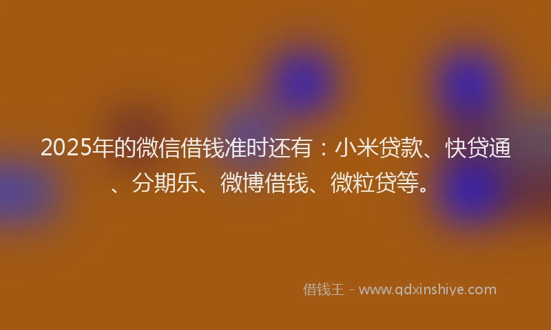 2025年的微信借钱准时还有：小米贷款、快贷通、分期乐、微博借钱、微粒贷等。