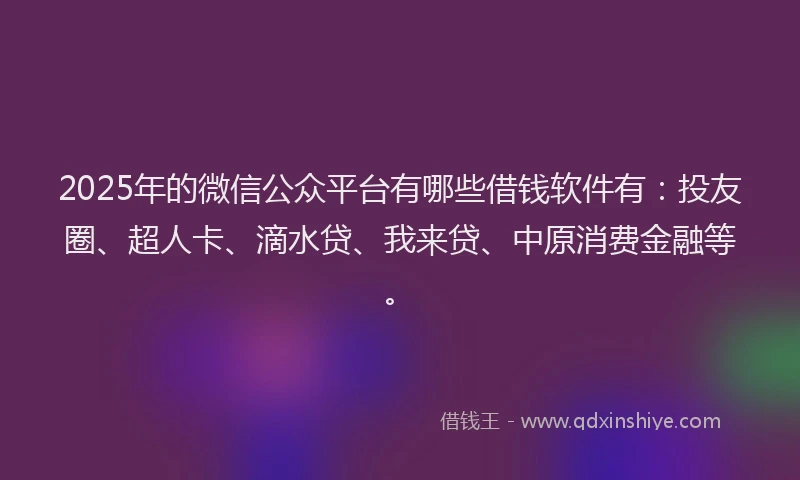 2025年的微信公众平台有哪些借钱软件有：投友圈、超人卡、滴水贷、我来贷、中原消费金融等。