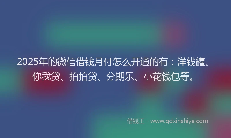 2025年的微信借钱月付怎么开通的有：洋钱罐、你我贷、拍拍贷、分期乐、小花钱包等。