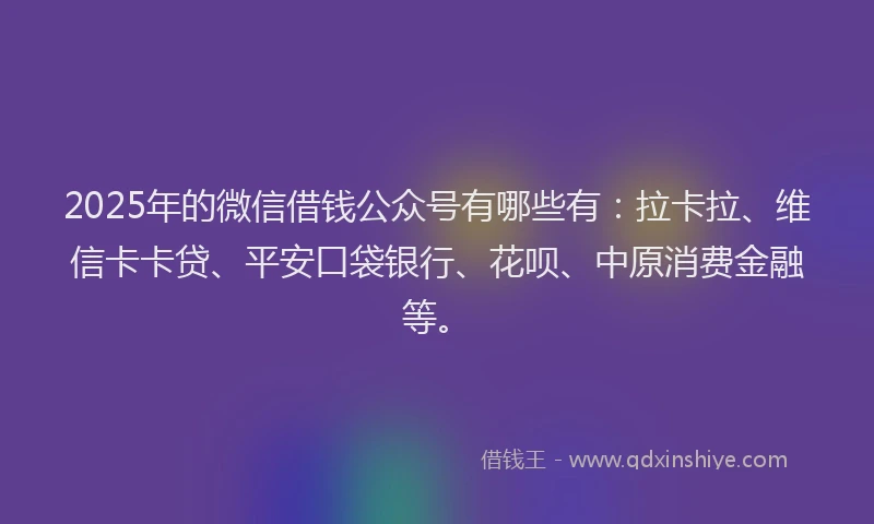 2025年的微信借钱公众号有哪些有：拉卡拉、维信卡卡贷、平安口袋银行、花呗、中原消费金融等。