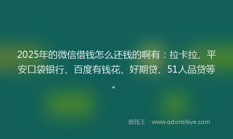 2025年的微信借钱怎么还钱的啊有：拉卡拉、平安口袋银行、百度有钱花、好期贷、51人品贷等。