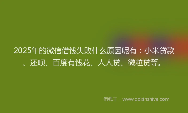 2025年的微信借钱失败什么原因呢有：小米贷款、还呗、百度有钱花、人人贷、微粒贷等。