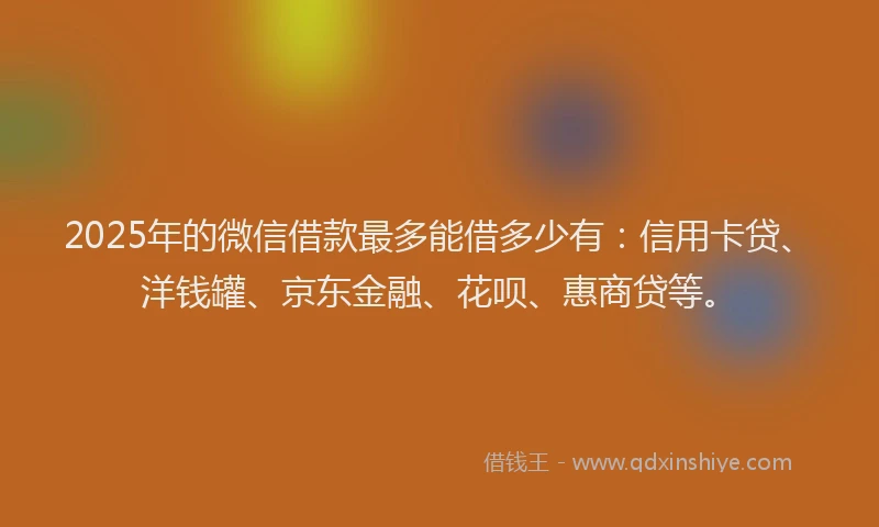 2025年的微信借款最多能借多少有：信用卡贷、洋钱罐、京东金融、花呗、惠商贷等。