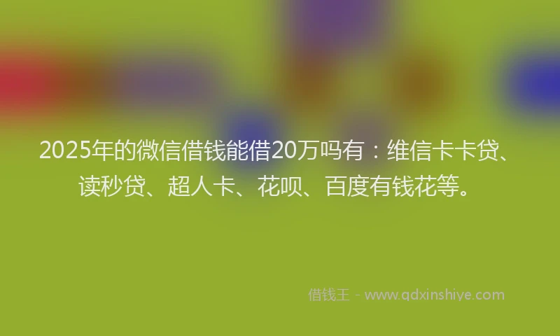 2025年的微信借钱能借20万吗有：维信卡卡贷、读秒贷、超人卡、花呗、百度有钱花等。