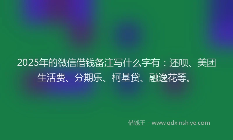 2025年的微信借钱备注写什么字有：还呗、美团生活费、分期乐、柯基贷、融逸花等。