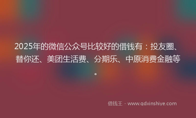 2025年的微信公众号比较好的借钱有：投友圈、替你还、美团生活费、分期乐、中原消费金融等。