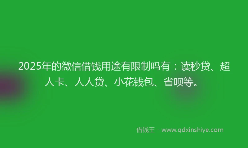 2025年的微信借钱用途有限制吗有：读秒贷、超人卡、人人贷、小花钱包、省呗等。
