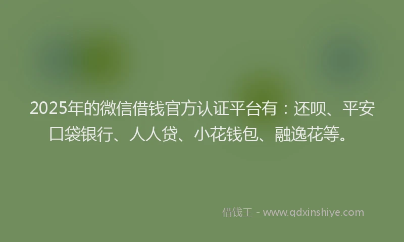 2025年的微信借钱官方认证平台有：还呗、平安口袋银行、人人贷、小花钱包、融逸花等。