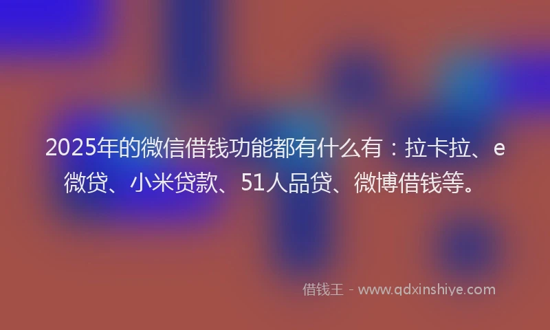 2025年的微信借钱功能都有什么有：拉卡拉、e微贷、小米贷款、51人品贷、微博借钱等。