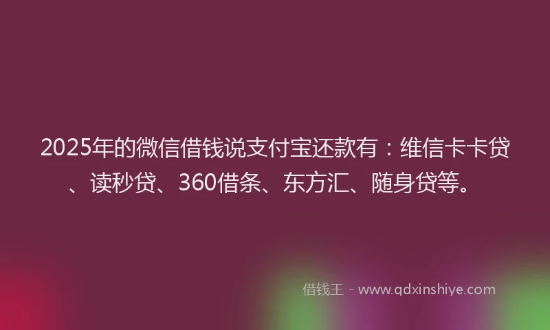 2025年的微信借钱说支付宝还款有：维信卡卡贷、读秒贷、360借条、东方汇、随身贷等。